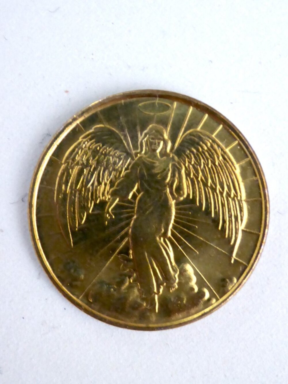 VINTAGE GUARDIAN ANGEL MEDALLION GOLD METAL LUCKY TOKEN COIN
